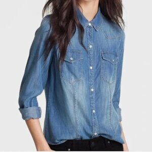 Trouve for Nordstrom Soft Chambray Denim Western Snap Button Long Sleeve Shirt S